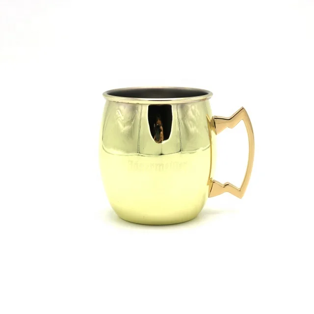 16oz Solid Handcraft Moscow Mule Barrel Brass Gold Plated Drinks Coffee Beer Cocktail Vodka Mint Julep Ginger Tea Pint Mug Cup