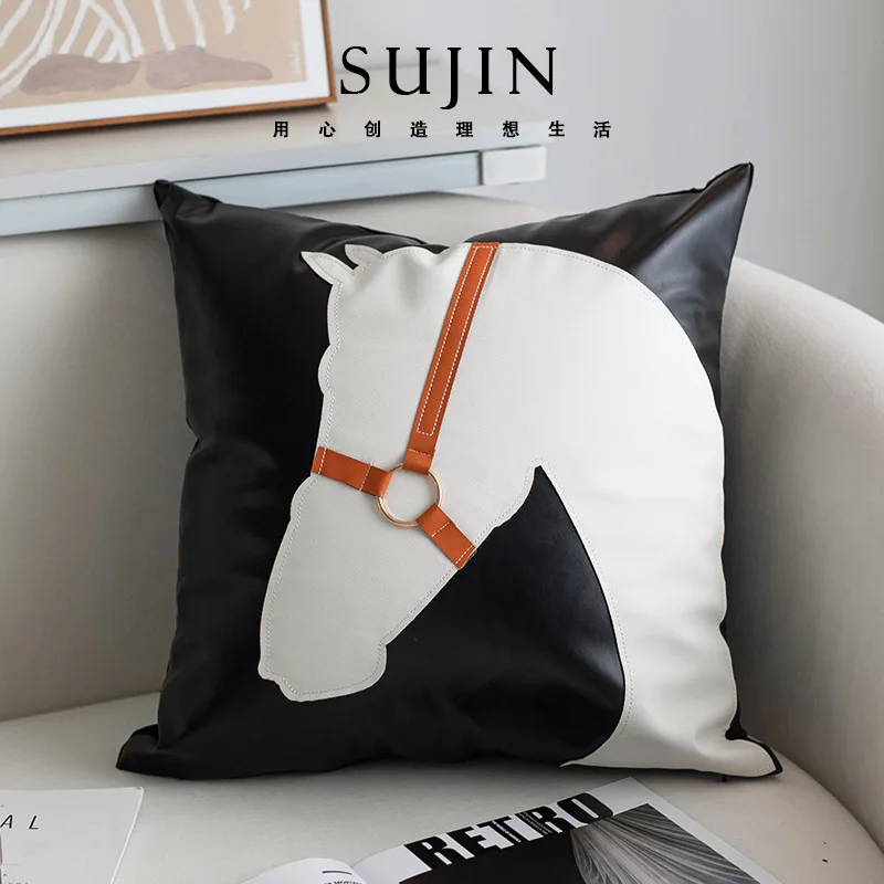 Designer horse head pillow Nordic light luxury leather INS British living room sofa cushion hotel pillowcase