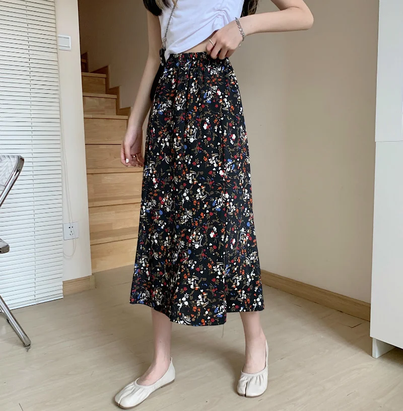 Boho Skirts Casual A-Line Long Pattern High-waist Wrap Tweed Skirt OEM/ODM Maxi Chiffon Printed Pleated Floral women Skirts