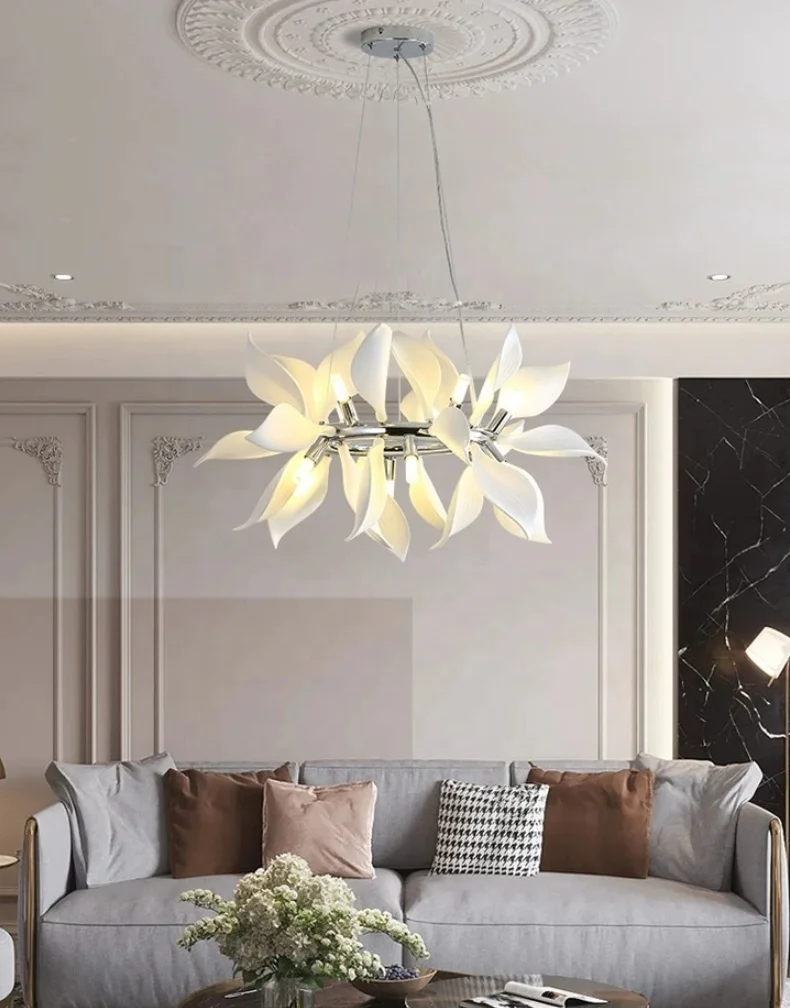 Italian designer living room lamp Nordic bedroom villa model room simple dining room art white ceramic petal chandelier