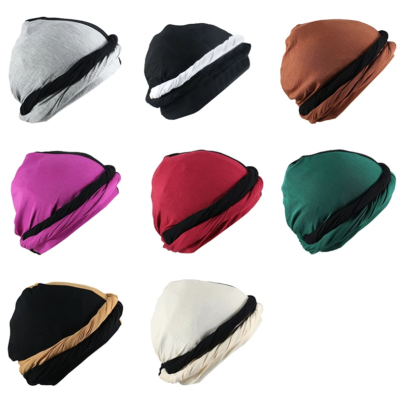 Color Block Contrast Skull Wave Cap Pre-Tied Halo Twisted Men Turban Durag Head Wrap Hat With Satin Lining