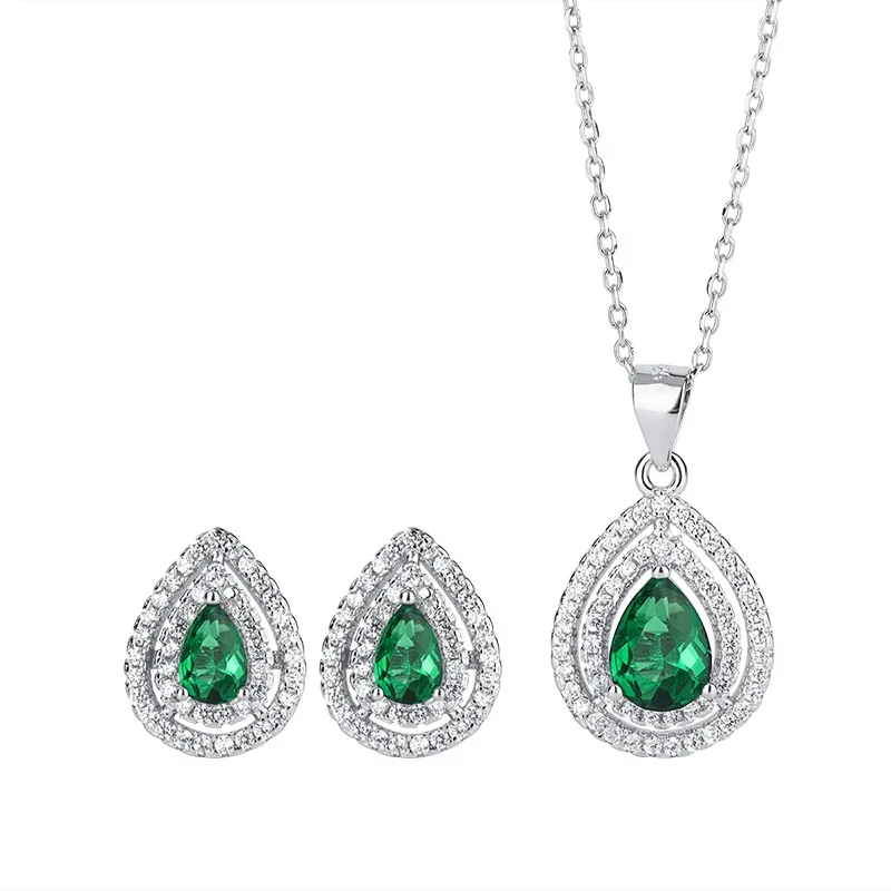  Custom 925 Sterling Silver Set pear Emerald Pendant Earrings Jewelry Wedding and wedding supplies
