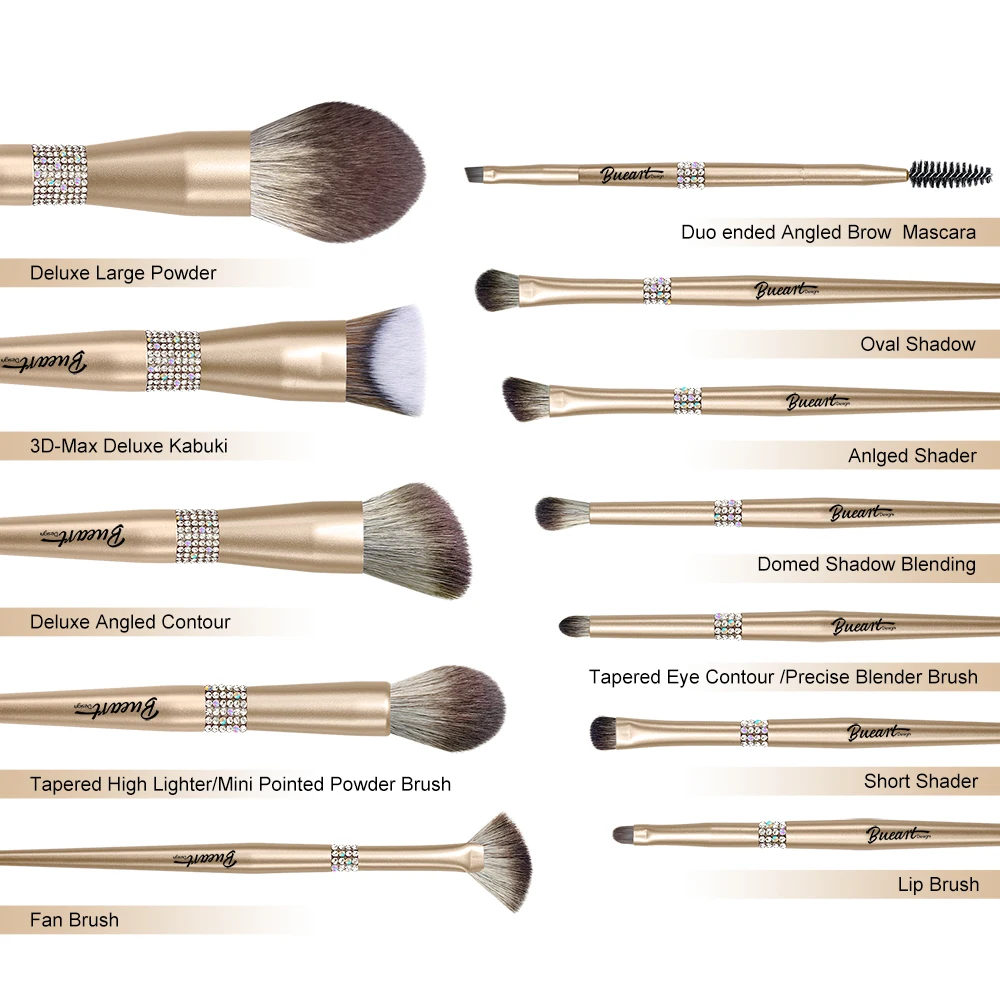Makeup Tools Portable Champagne Gold Cosmetic Brush Set Professional Diamond Mekup Brush 12 Pcs Makeup Brush Set With Bag