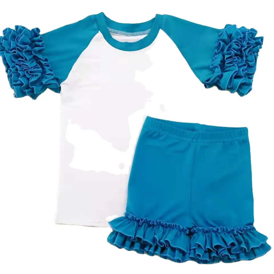 Wholesale summer stylish kids 2pcs clothing set T shirt and Ruffle shorts High quality  baby girl boy clothes outfit set