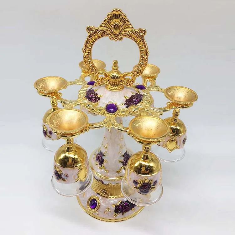 arabic Shinny Gifts 6pcs cup Enamel Metal Wine Hanger Rack Wedding Favor Gift Sets,royal wine set with cup