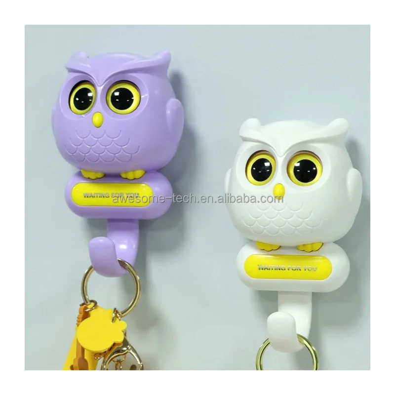 Wall Mount Coat Rack with Adhesive Hooks featuring Adorable Cartoon Animal Owl Blinking Eye Design Sticky Hooks