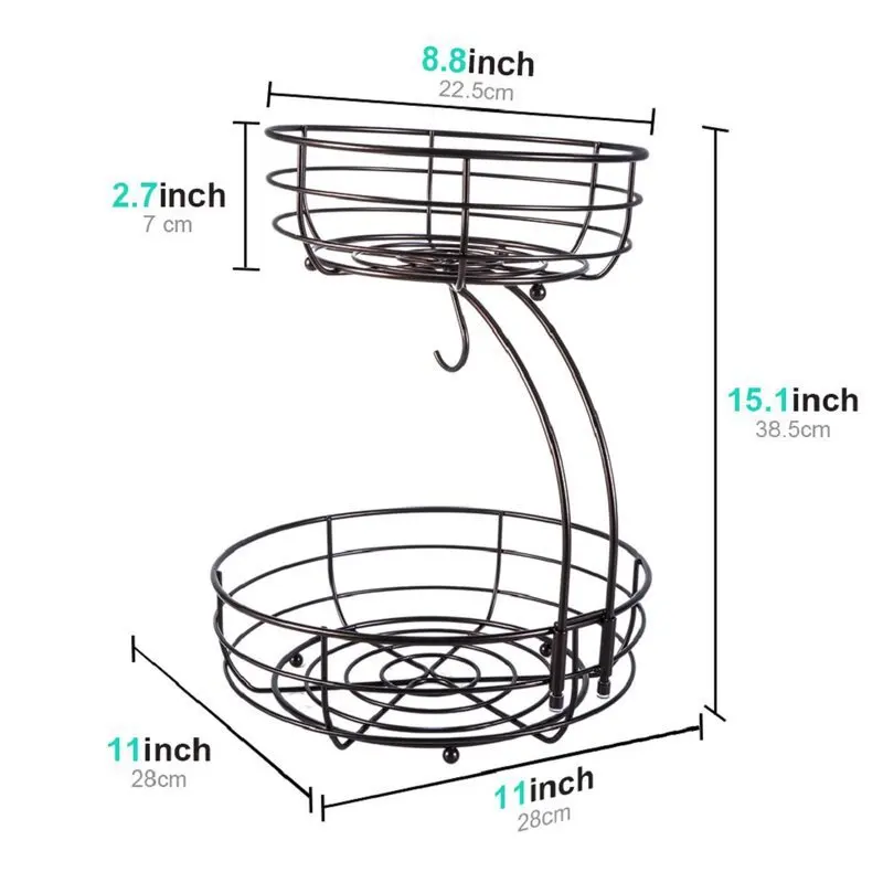 Iron 2-Tier Countertop Fruit Vegetables Basket Bowl Storage With Banana Hanger Black 64 ounces