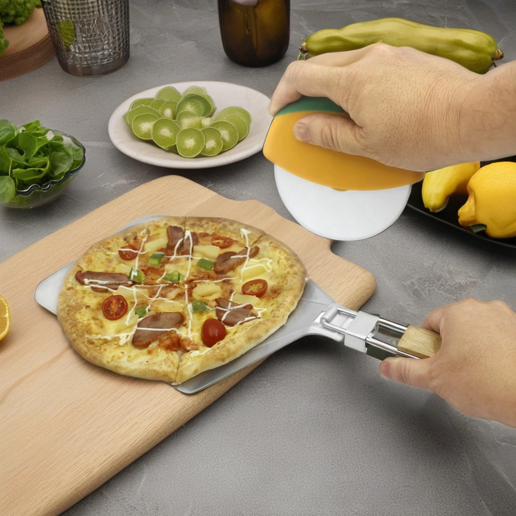 Pizza Peel with Metal Pizza Cutter Set Wood and Plastic Baking Paddle for Use in Oven for Pizza Oven