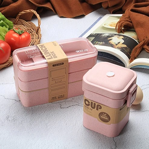 School Office 900ml & 600ml  Storage Food Soup Box Set Tableware Wheat Straw Food Grade 3 Layer Bento Lunch Box Set with Cutlery