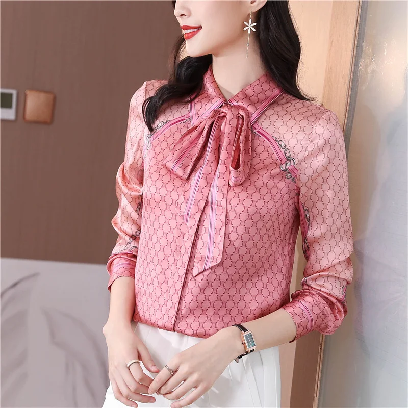 2024 Women Spring Autumn Vintage Stitching Print Blouses Korean Elegant Office Shirt Long Sleeve Shirt Ladies Chiffon Blouse Top
