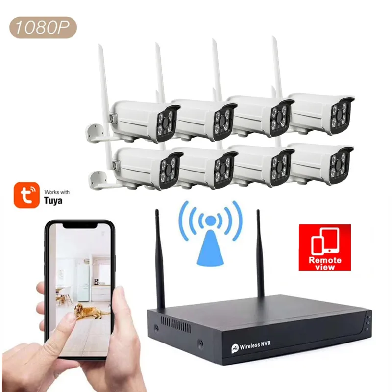 2020 Hot Sale 8ch IP IR Security System Waterproof outdoor/indoor 2MP TUYA Wifi Cctv Camera Systems Wireless NVR Kit