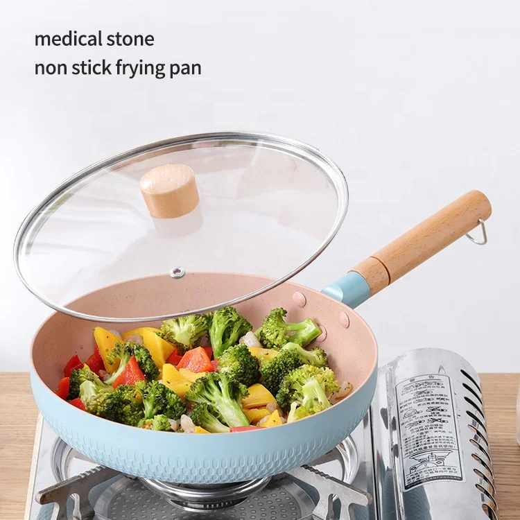 Hot Selling 20cm Cooking Pot Maifan Stone Non Stick Frying Pan Aluminium Fry Pan With Glass Lid