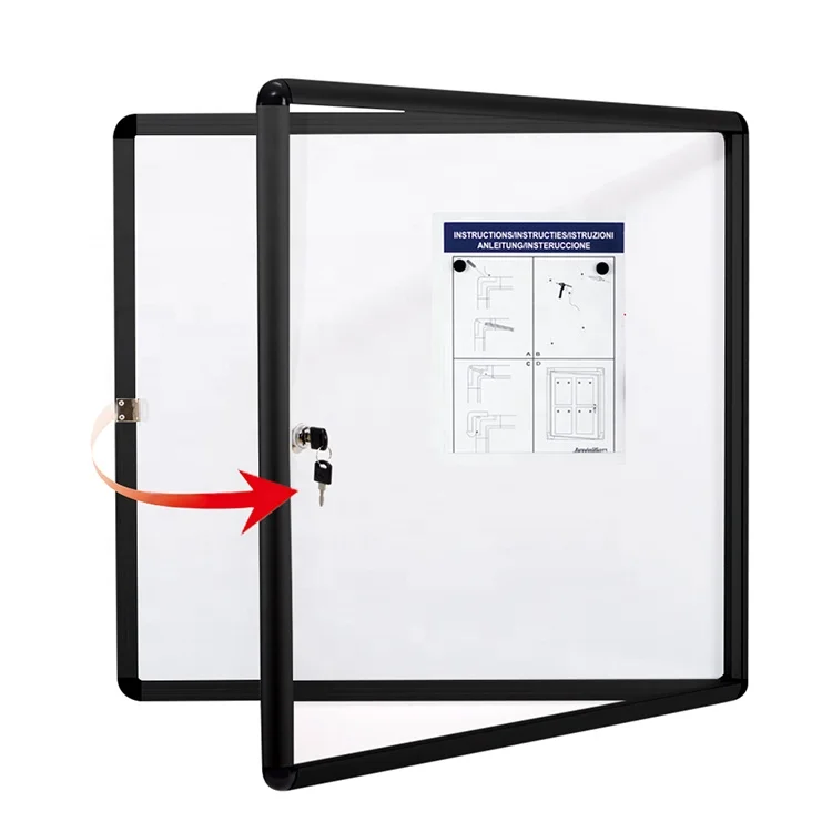 
School enclosed magnetic whiteboard message notice board showcase black aluminium frame wall mount lockable bulletin board 