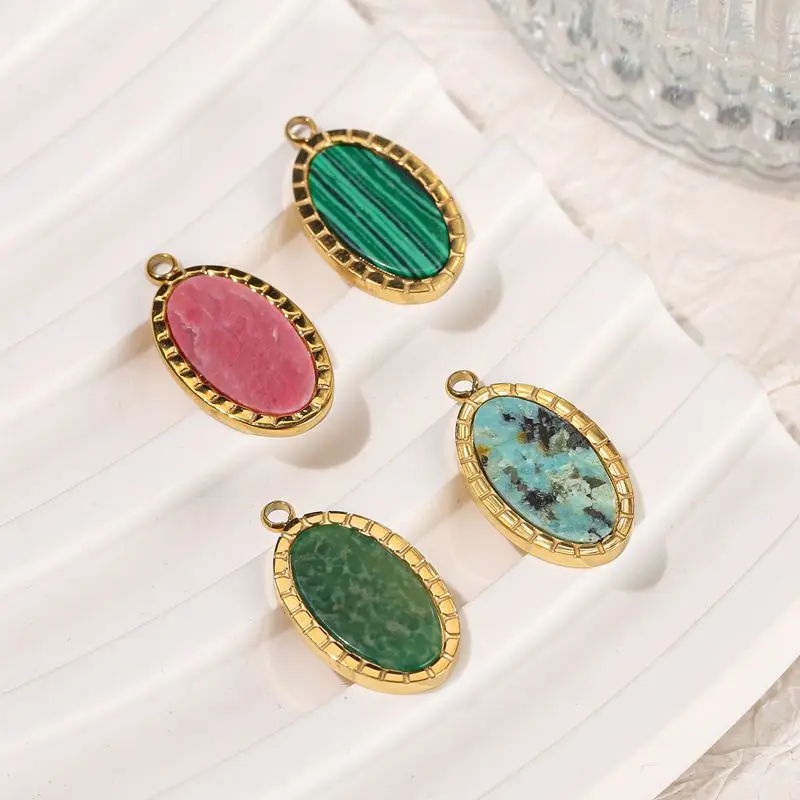 Natural Stone Crystal Oval Pendant Stainless Steel Gold Malachite Rhodonite Jade Turquoise Amazonite Pendants for Making Jewelry