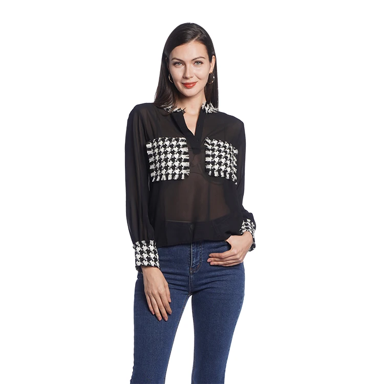 
Splicing patch pocket collar polyester 2021 womens urban fashion set lace tops woman 