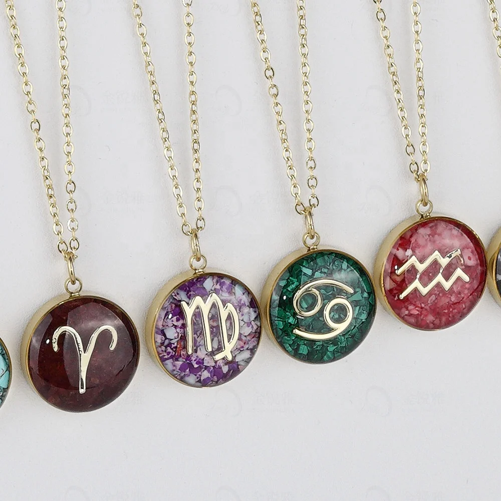 personalized zodiac constel stainless steel pendants necklace with natural stone and enamel - horoscope and lapis lazuli jewelry