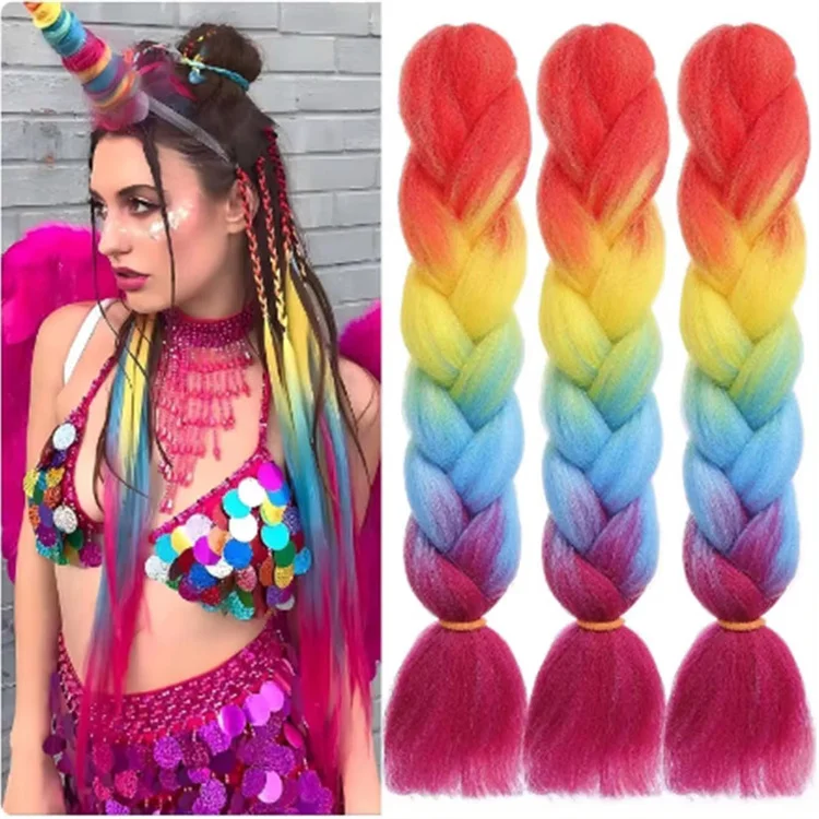 Synthetic Jumbo Braiding Hair Ombre Rainbow Hair Extensions Festival Jumbo Crochet Hair Weaving Box Braids Hairpieces