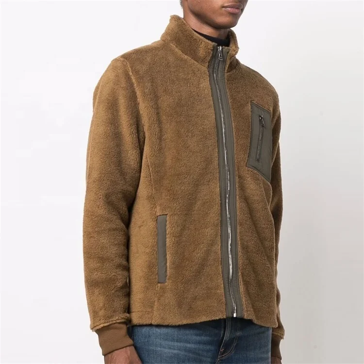 OEM custom logo stand collar  full zip up fleece winter outdoor shearling sherpa jacket for men