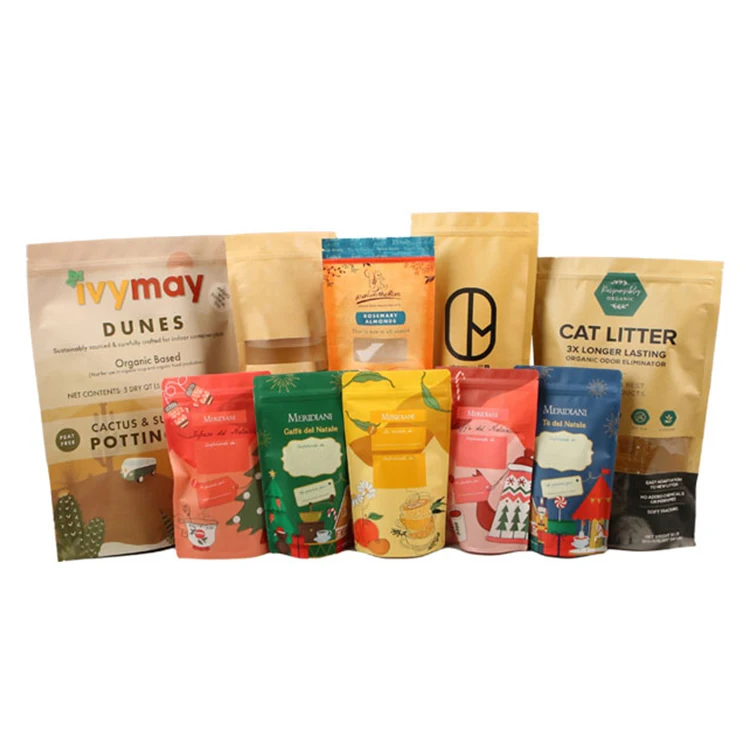 Custom doypack laminated craft dry stand up pouch food grade zipper emballage kraft paper bag
