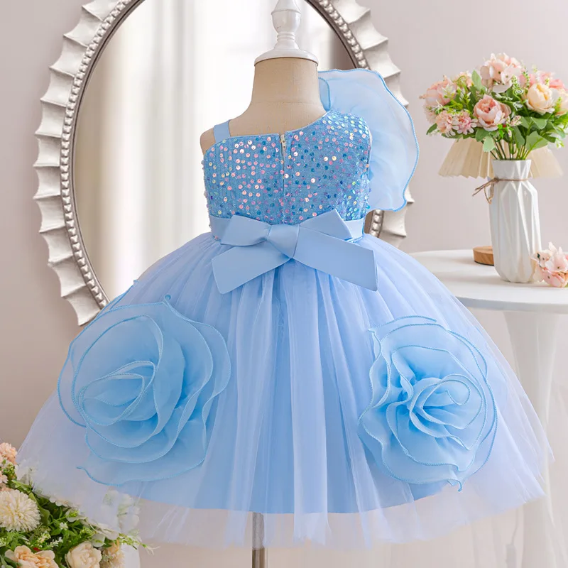 2024 Summer High-End Princess Dress for Girls Cross-Border Foreign Style with Three-Dimensional Rose and Puffed Skirt