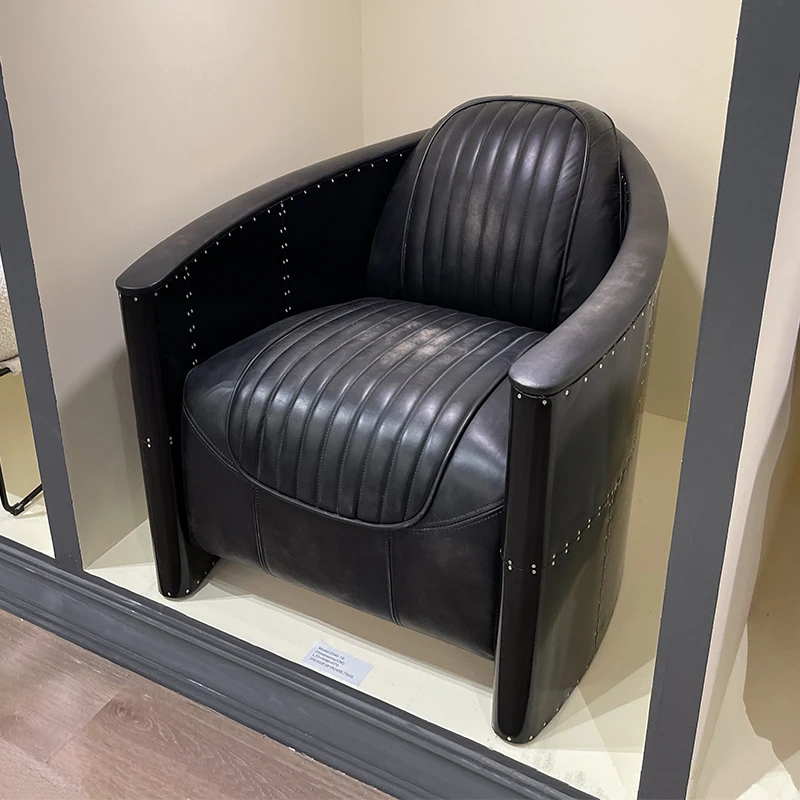 Retro Vintage Black Aluminium Aviator Chair Genuine Leather Tomcat armchair