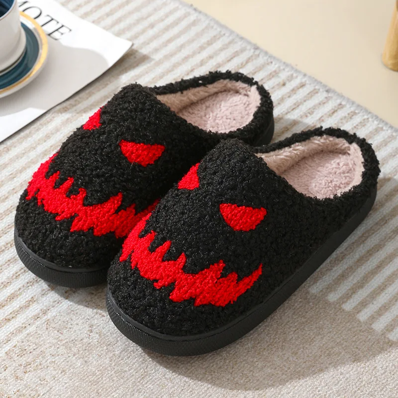 Export cross-border cotton slippers for indoor home use anti-slip autumn and winter black plush slippers for men and women