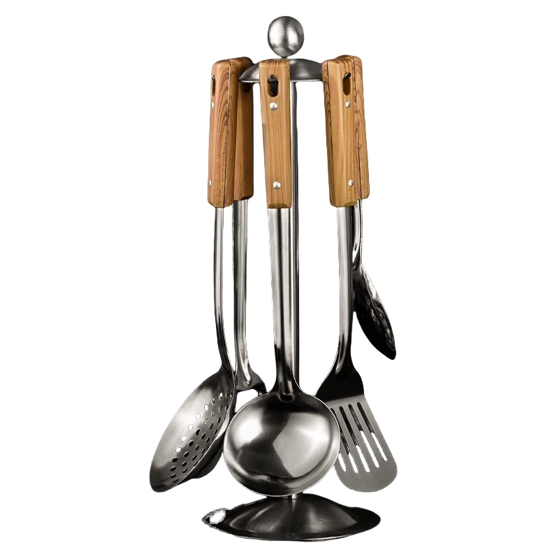 Stainless Steel Spatula Home And Kitchen Colander Spoon Ladle Wood Grain Handle Insulation Kitchenware Cooking 5 Pcs Utensil Set