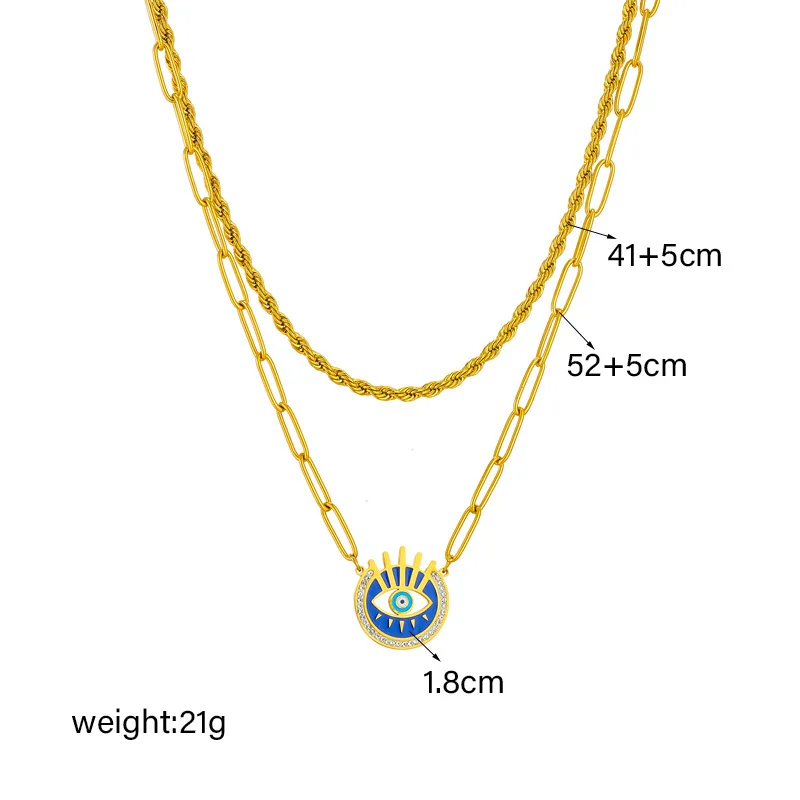 Stainless Steel Gold Blue Eyes Pendant Layered Necklace Handmade Protection Jewelry Amulet Adjustable Layering Chain  AM1011083