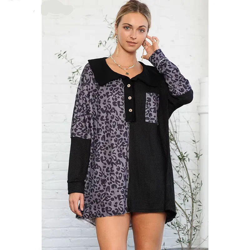 Wholesale New Arrival Oem Leopard Patchwork Waffle Knit Buttoned Split Hem Ribbed Luxury Oversize Sweater Womens