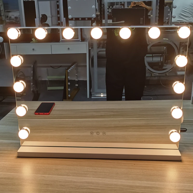 Hollywood Vanity New Single-Sided LED Light USB Wireless Speaker Square Glass Salon Makeup Mirror Metal Standing Cosmetic Mirror