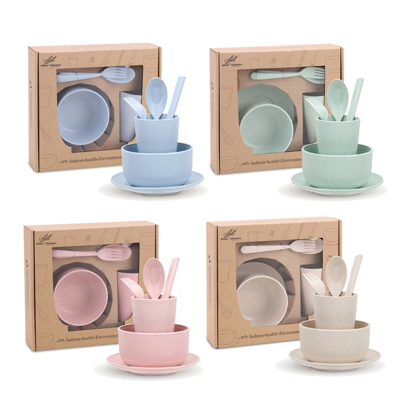 6-Pack Unbreakable Lightweight Wheat Straw Dinnerware Set For Wheat Straw Bowl Plate Cup Spoon Fork Chopsticks