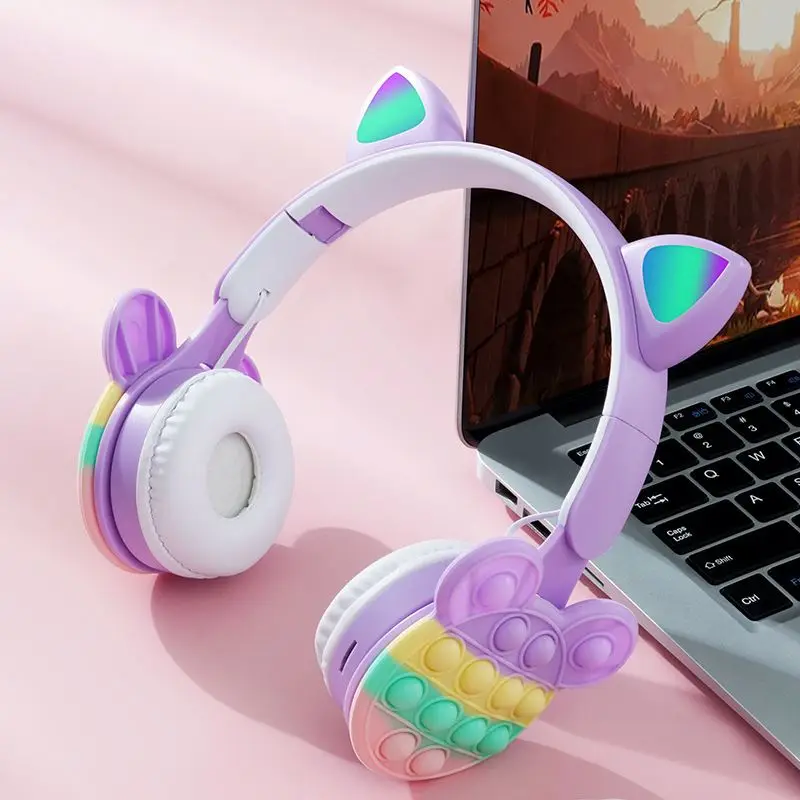 Latest B30 Stress Relief Fidget Toy Wireless Earbuds Push It Bubble Cute Cat Ear Wireless Earphone LED Car Ear Headphones