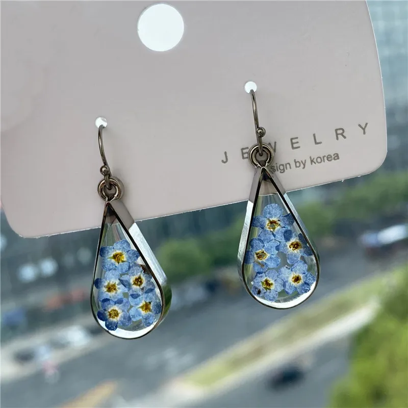 Dried Flower Pendant Do not Forget Me Blue Earring Women Dried Real Flower For Women Earring Resin Earring