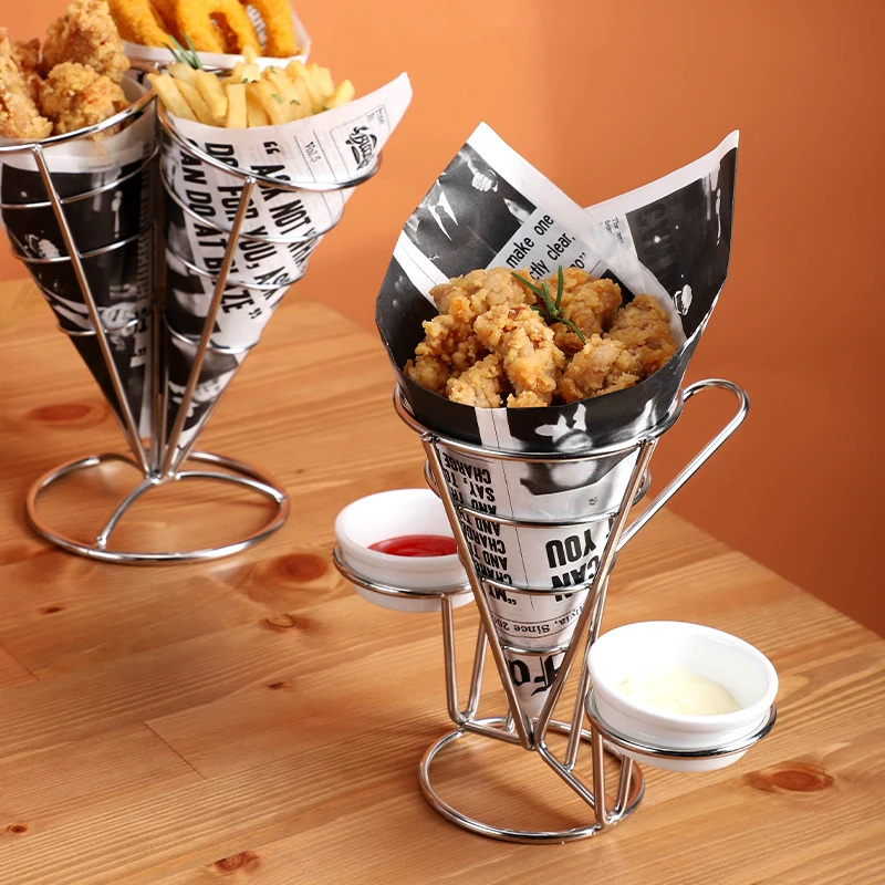 
Food Grade Metal Food Cone Snack French Fry Prawn Holder With Condiment Stand 