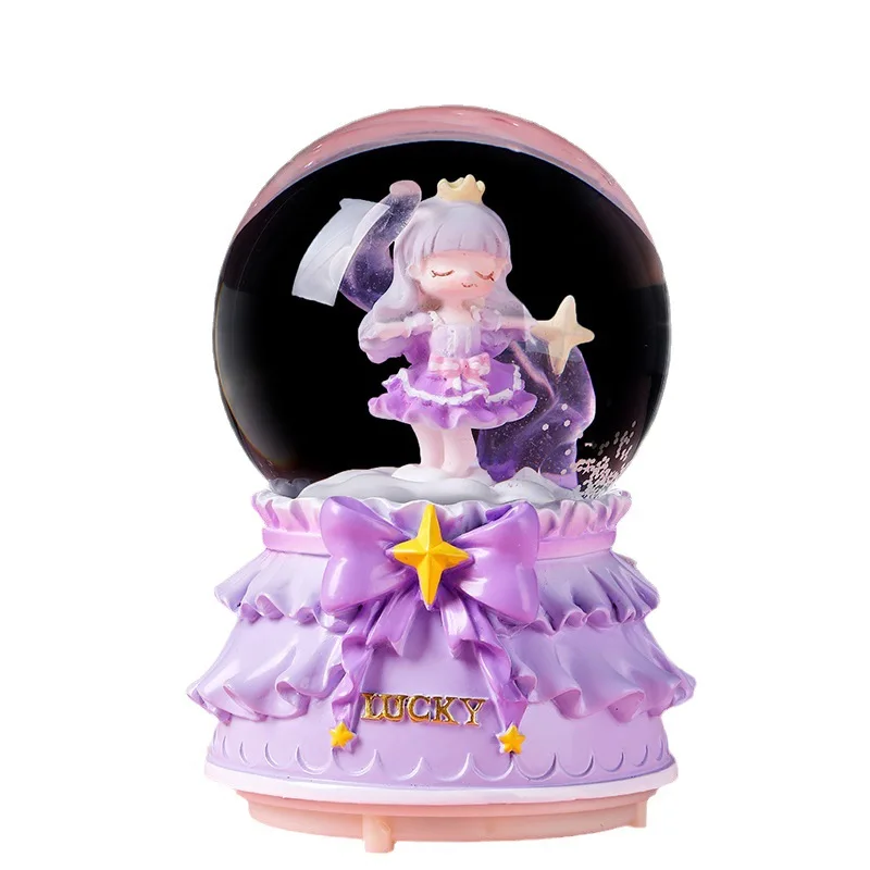 High Quality Cute Girl Queen Spaceman Theme Colourful Light Automatic Snowing And Spin Merry-go-round Music Box Crystal Ball