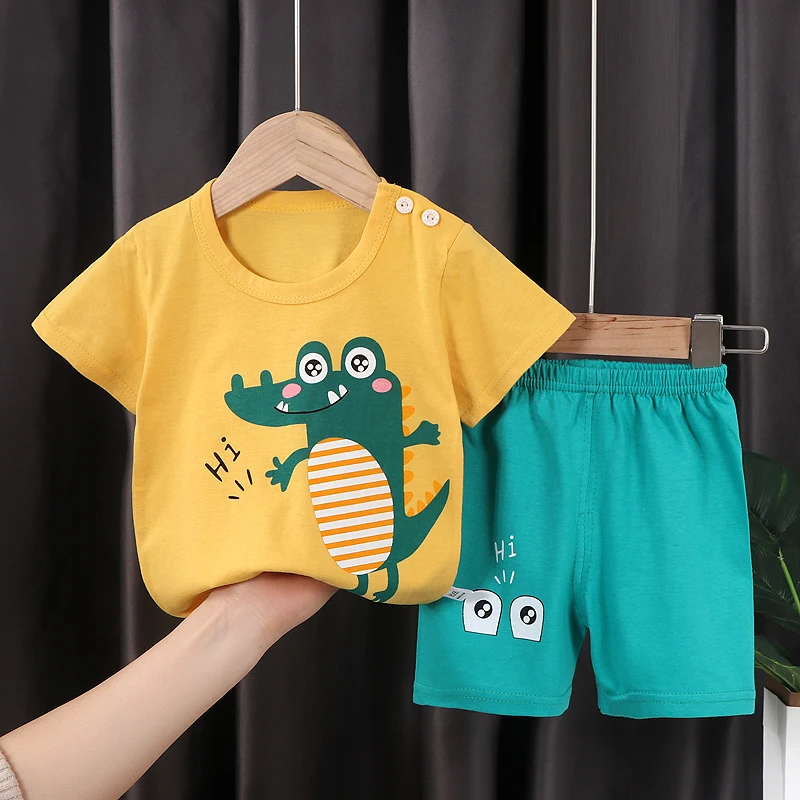 Wholesale 2-7Y Kids Pajamas Smart Casual Style Short Sleeve 100% Cotton with Cartoon Animal Patterns Boys Clothing Sets