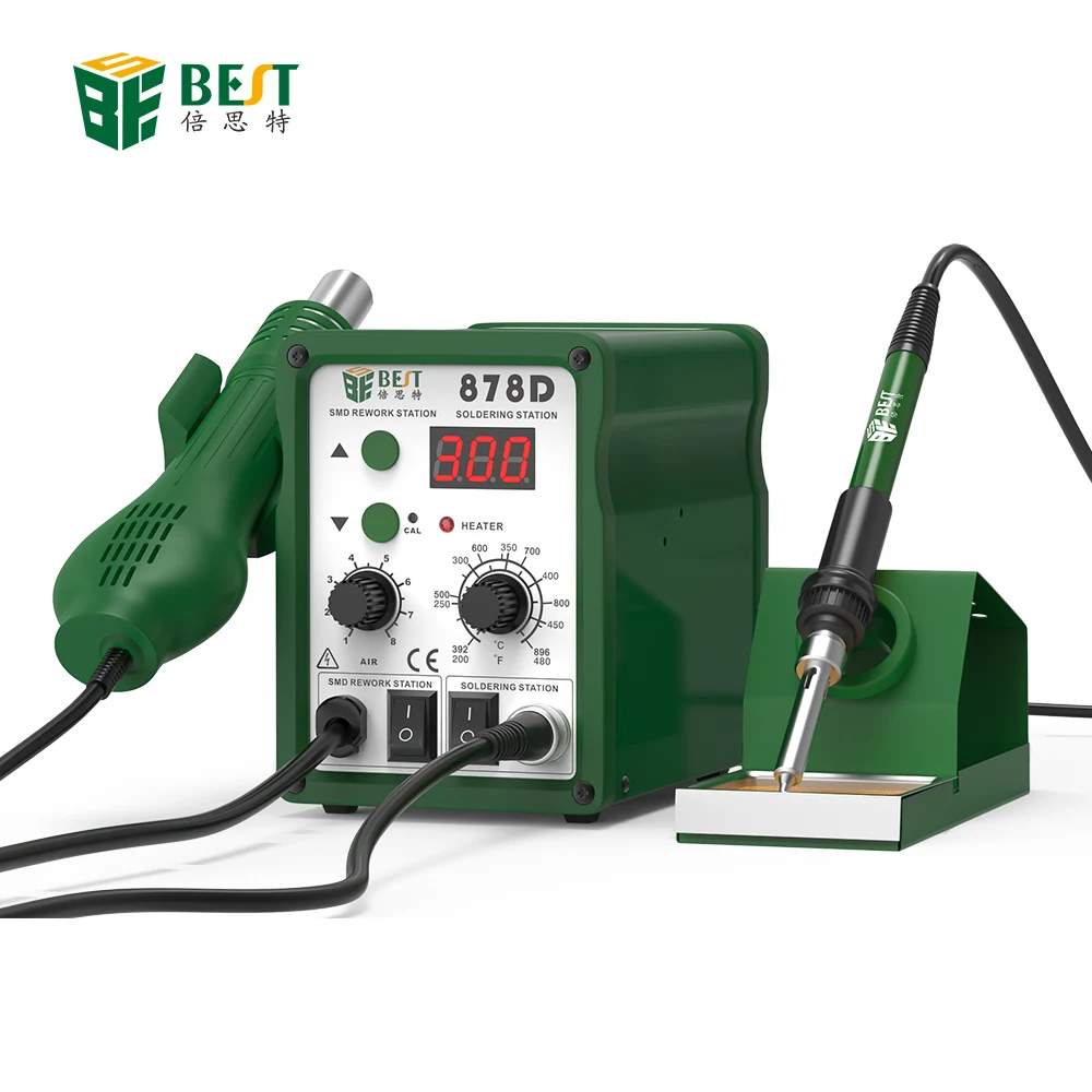 BST-878D ODM OEM station de soudure a air chaud 2 in 1 Single Digital Display Lead-Free Spiral Hot Air Gun Soldering Station