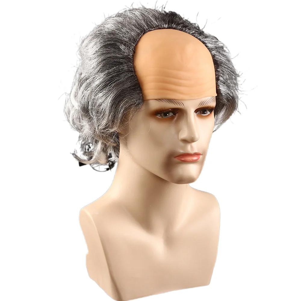 Wholesale High Quality Halloween Party Costume Cosplay Wigs Old Men Bald Wig Kinky Curly Fluffy Short White Wig Props Supplies