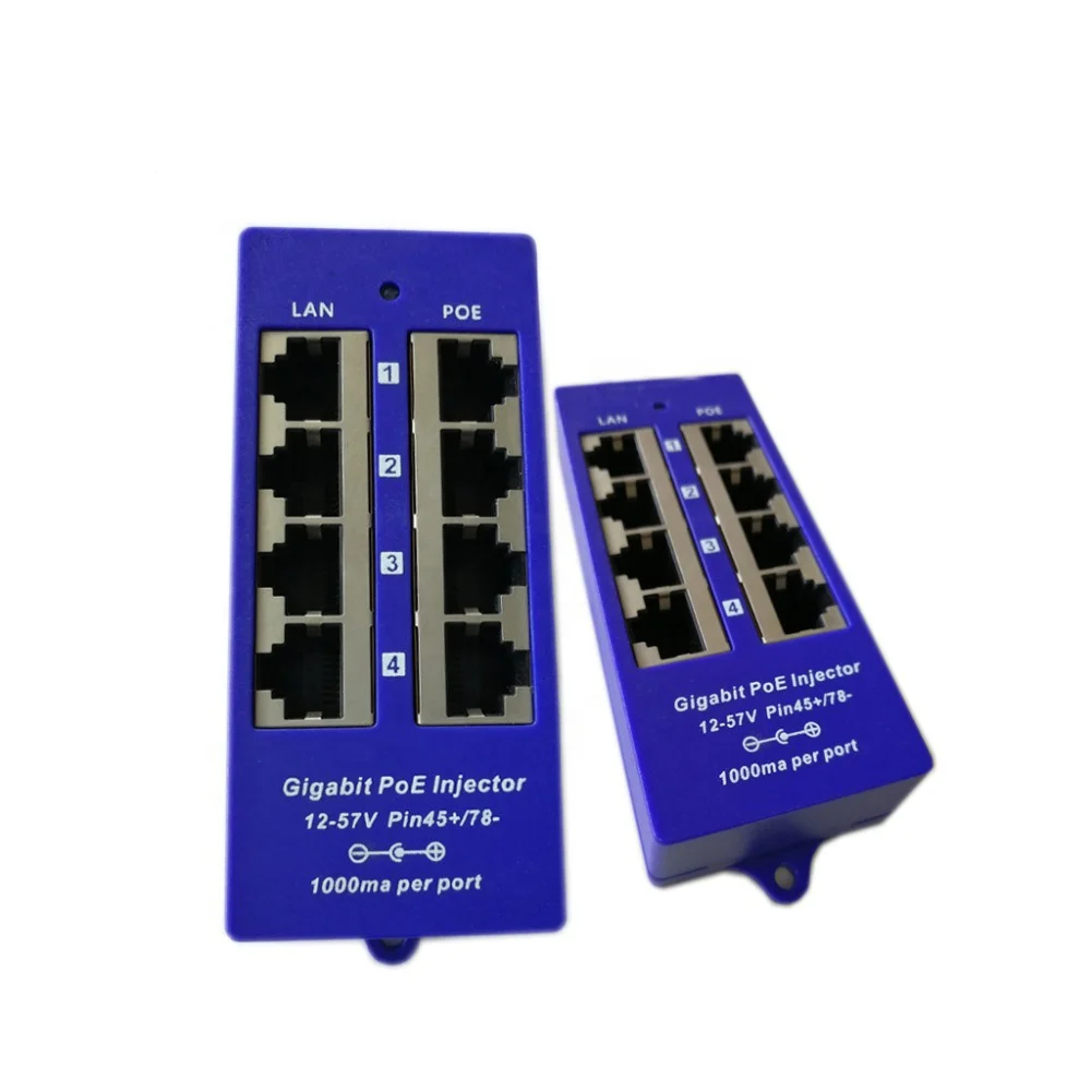 4 ports data in 4 ports data out PoE Passive injector Gigabit PoE Injector support 1000Mbps PoE Midspan Passive 802.3af