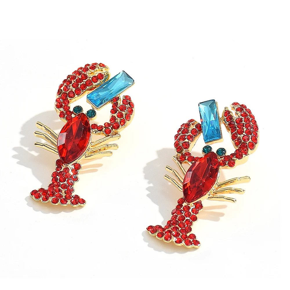 Wholesale Red Crystal Crayfish Dangle Earrings Fashionable Animal Shrimp Design Alloy Jewelry for Women for Gifts and Parties