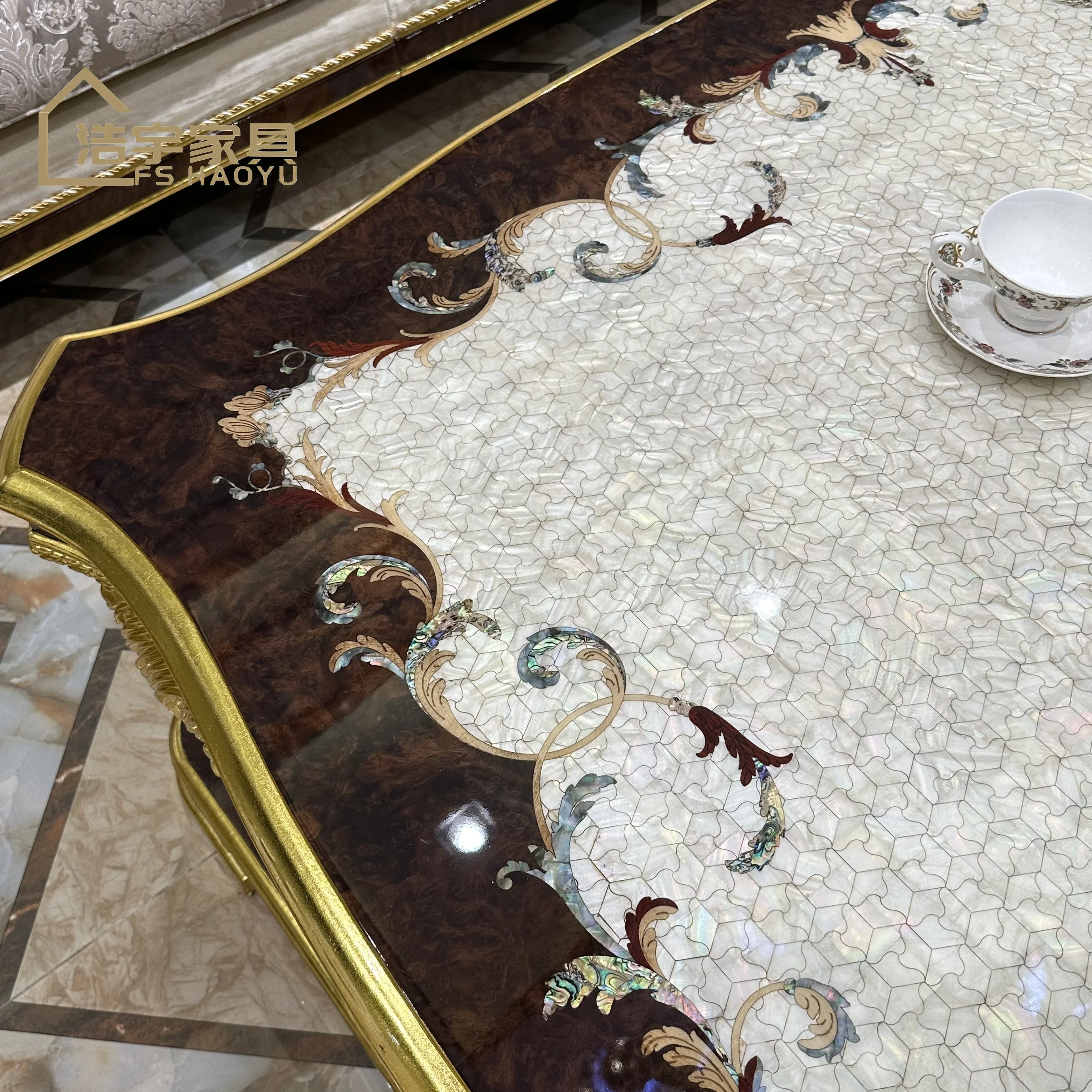 Custom pattern top center table royal luxury classic hand carving solid wood gold oak square coffee table sets living room