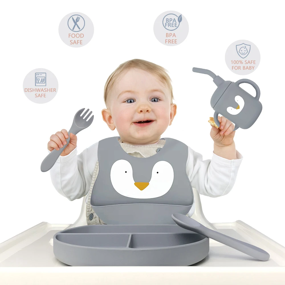 Baby Silicone Feeding Set Pattern Bibs Kids Plate And Straw Cup For Baby Dining Tableware Set Waterproof Babero OEM