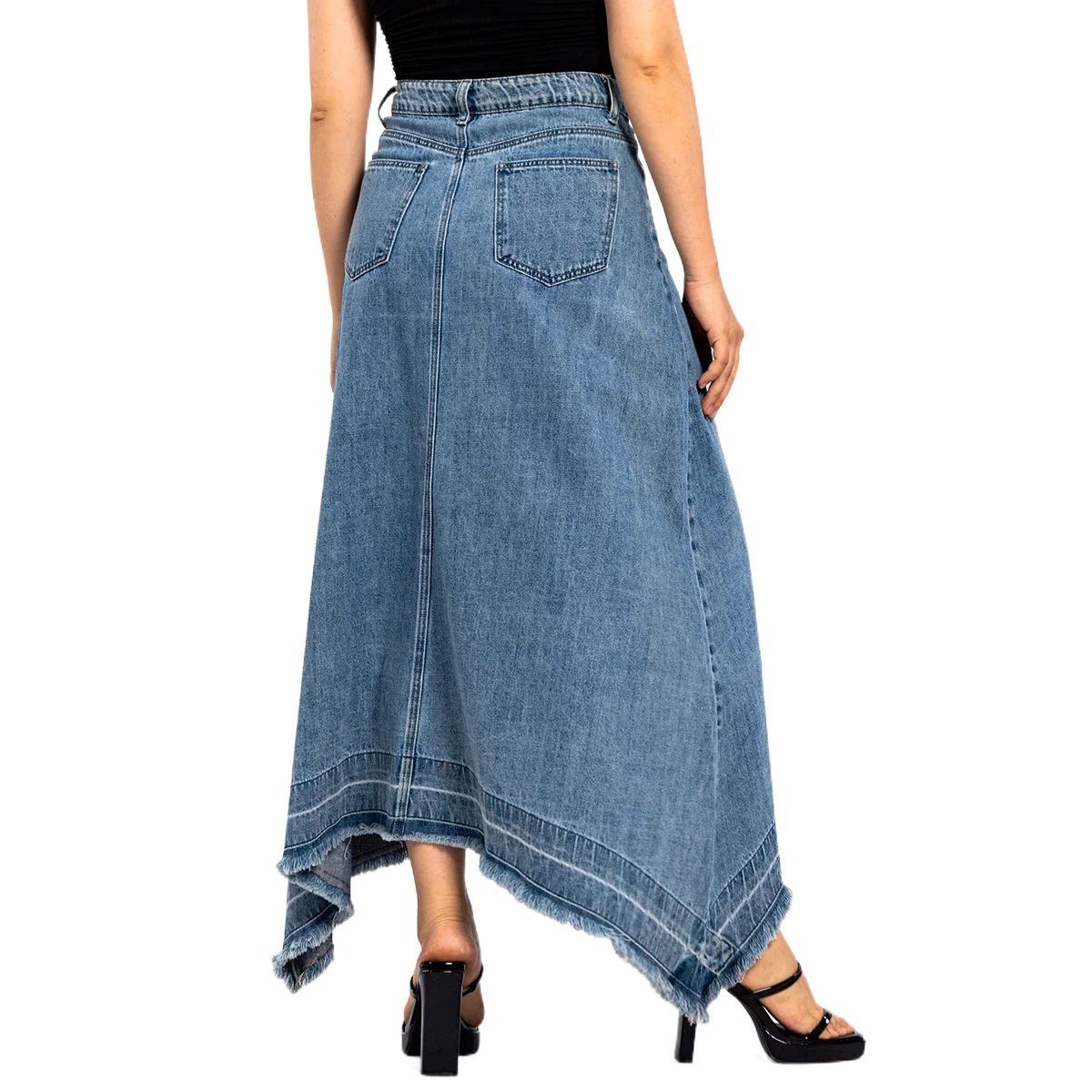 Factory Sale Vintage Asymmetrical Skirt Design Fashion High Waist Raw Edge Long Denim Skirt for Women Fall 2023