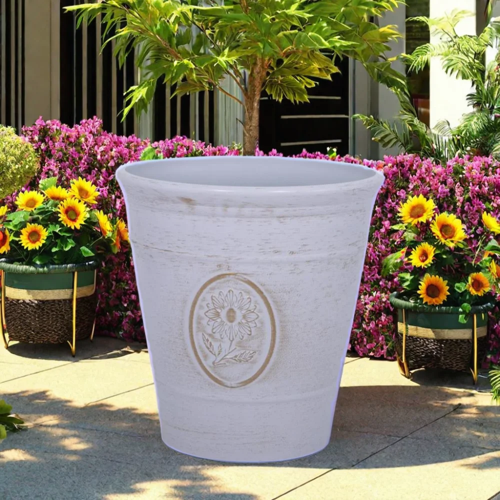 Modern Vintage Design Plastic Planter round Bucket Glazed Flower Pot for Garden Balcony or Shopping Mall Floor Use