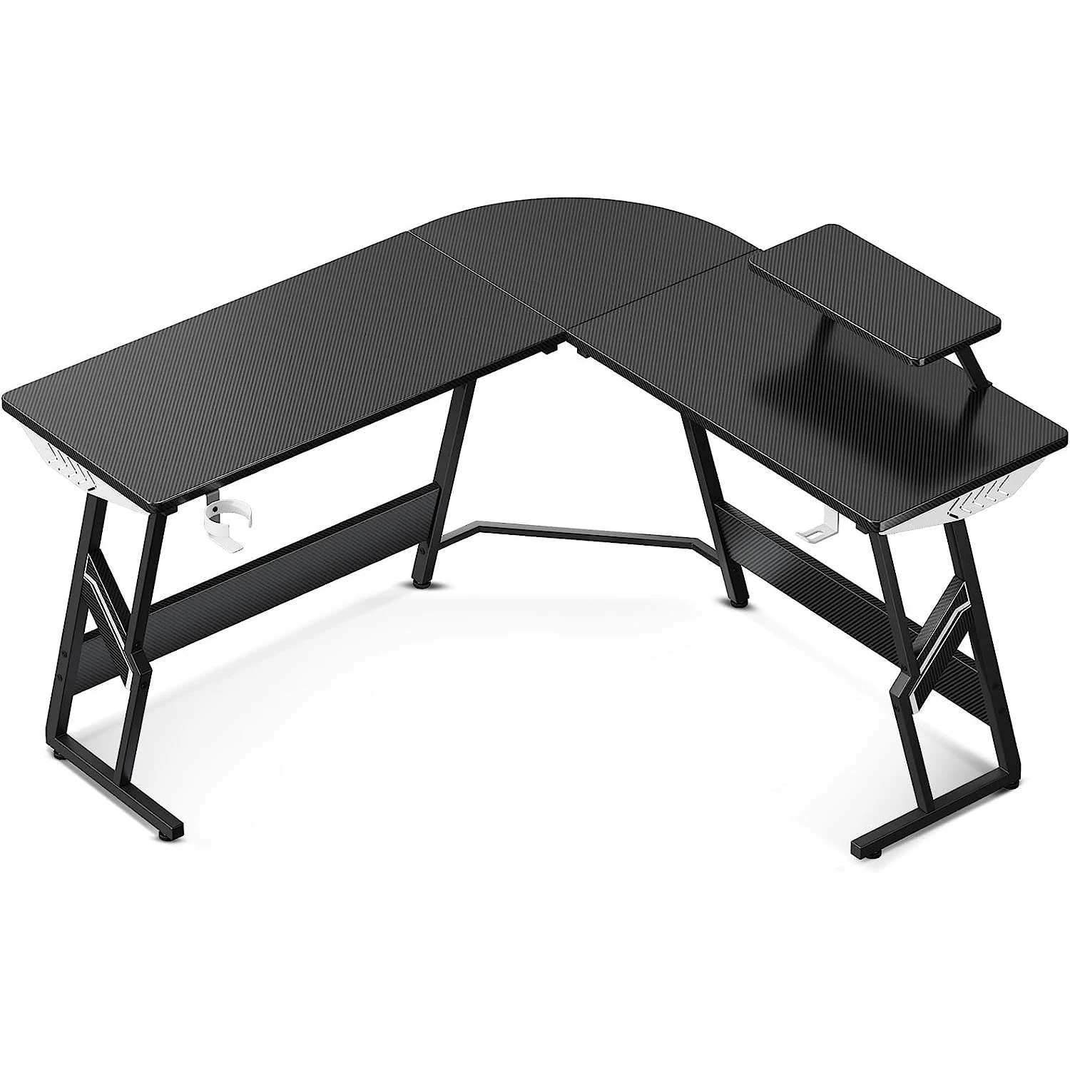 Black L Shaped Gaming Desk with Cup Holder and Headphone Hook gaming gamer desk and chairs