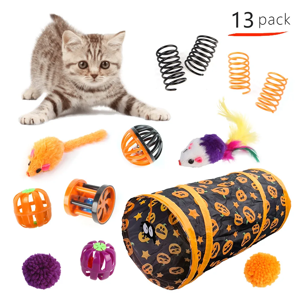 Wholesale Pet Cat Toys Set Luxury Feather Pumpkin Spider Ball Bell Mouse Teaser Interactive Halloween Pet Cat Tunnel Toys Set