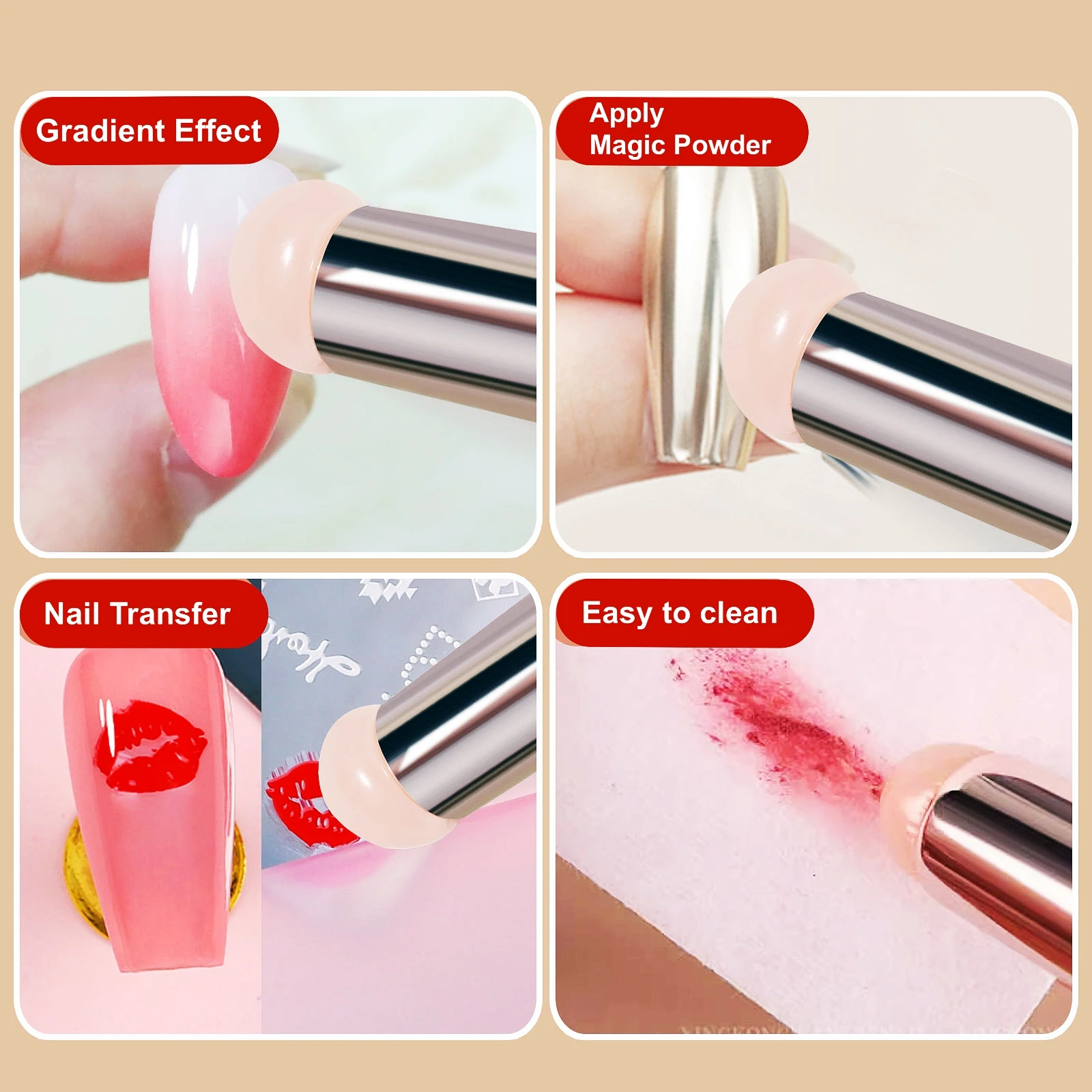 Nail Salon Pink Reusable Nail Art Stamper Transfer Tools Apply Powder Gradient Effect Lipstick Shaped Silicone Brush