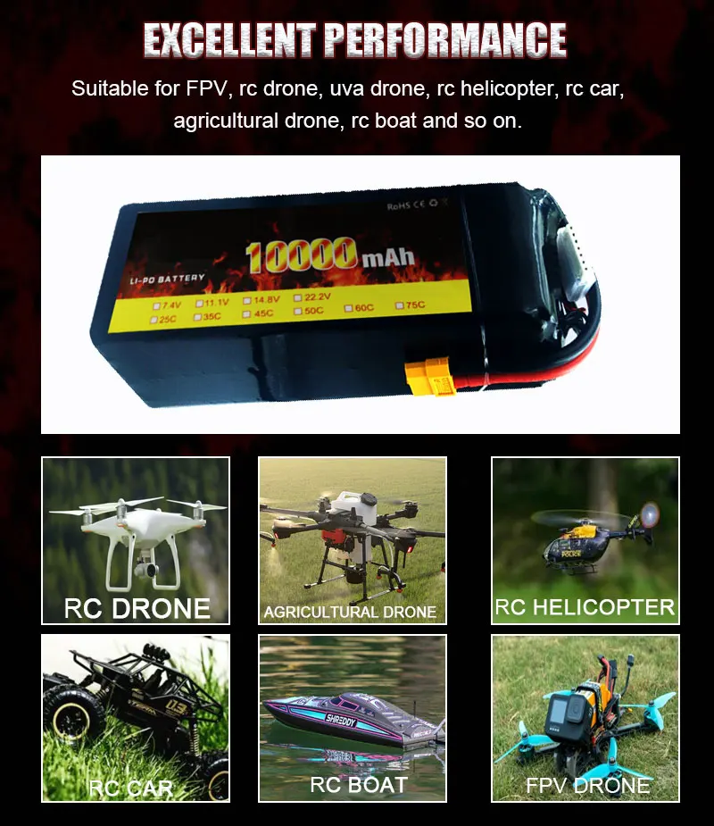 Aircraft Drone Batteries 6S 40C 10000mAh 22.2V Lipo Battery for Agricultural Drone Battery