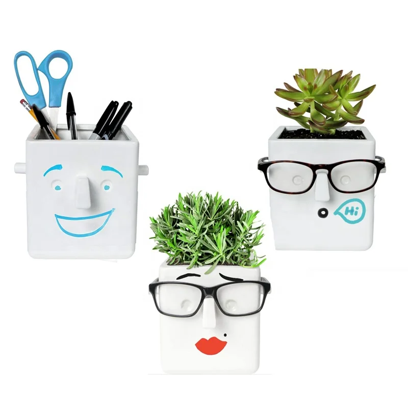 Ceramic Personalized Customizable Face Planter Flowerpot With A Drainage Hole With A Built-In Nose And Ears