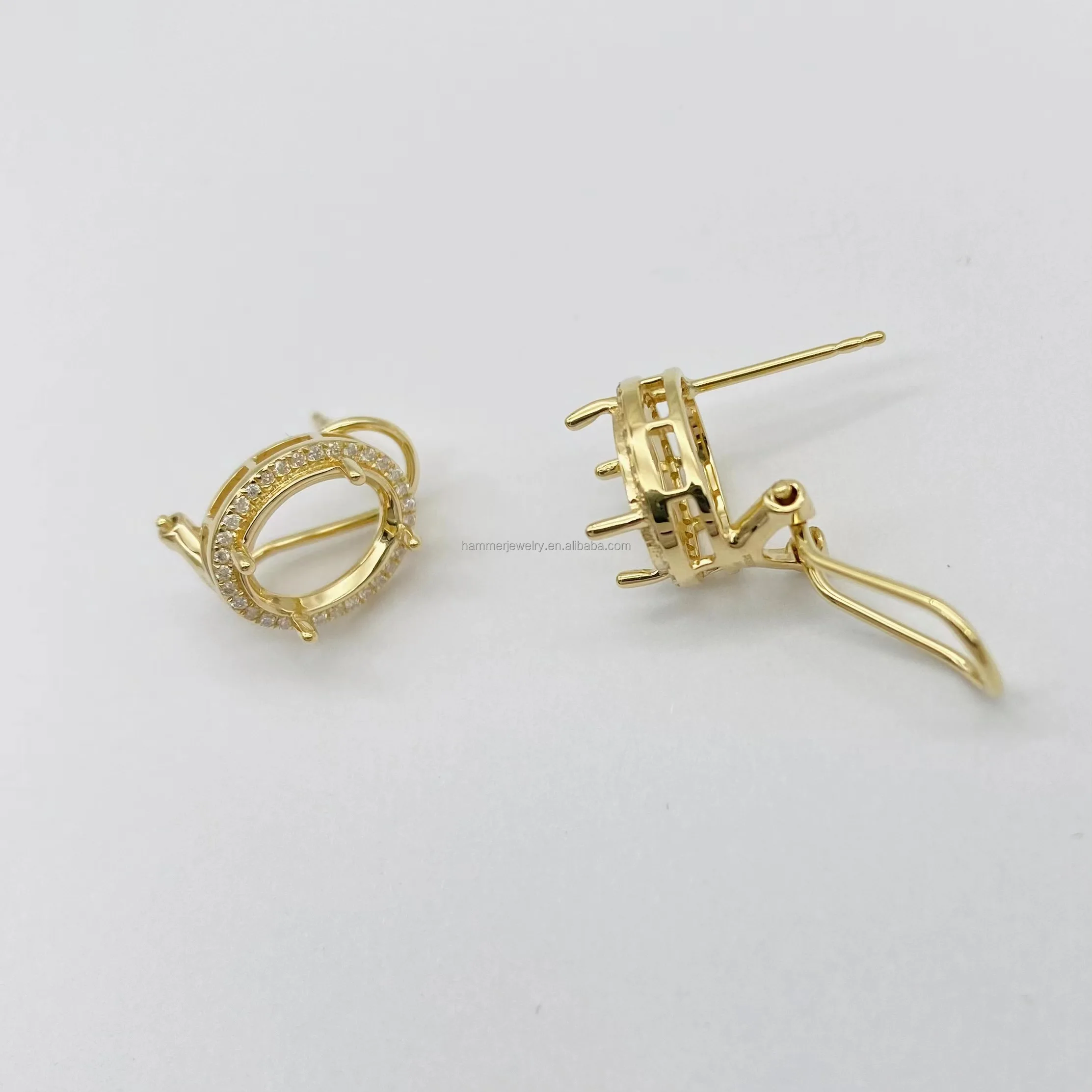 Professional Custom 14k Solid Gold Inlay Diamond Stud Oval Stone Earrings Semi Mounting Settings For Jewelry Making